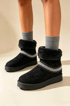 Black Suede Faux Fur Lined Aztec Detail Ankle Boots