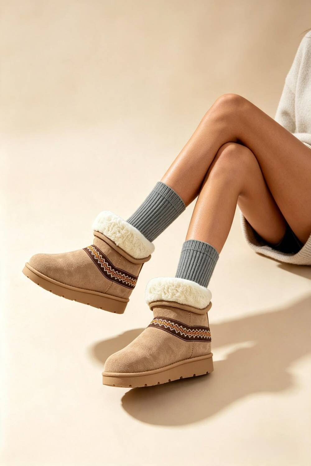 Camel Suede Faux Fur Lined Aztec Detail Ankle Boots