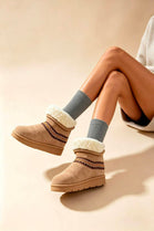 Camel Suede Faux Fur Lined Aztec Detail Ankle Boots