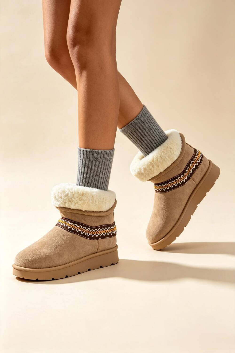Camel Suede Faux Fur Lined Aztec Detail Ankle Boots
