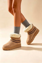 Camel Suede Faux Fur Lined Aztec Detail Ankle Boots