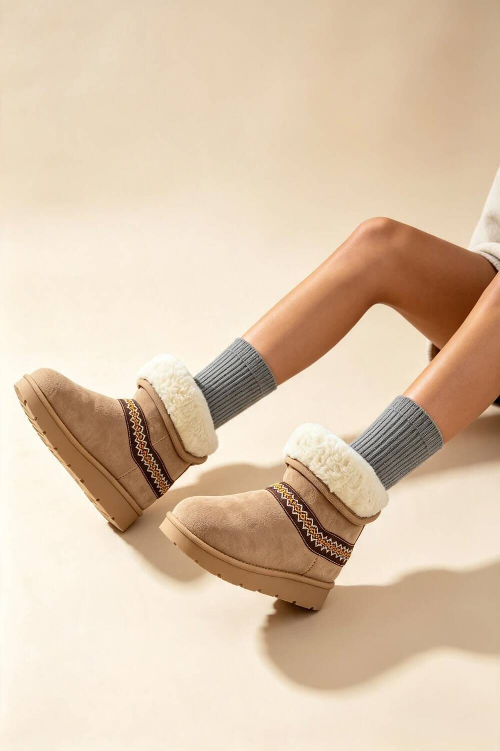 Camel Suede Faux Fur Lined Aztec Detail Ankle Boots