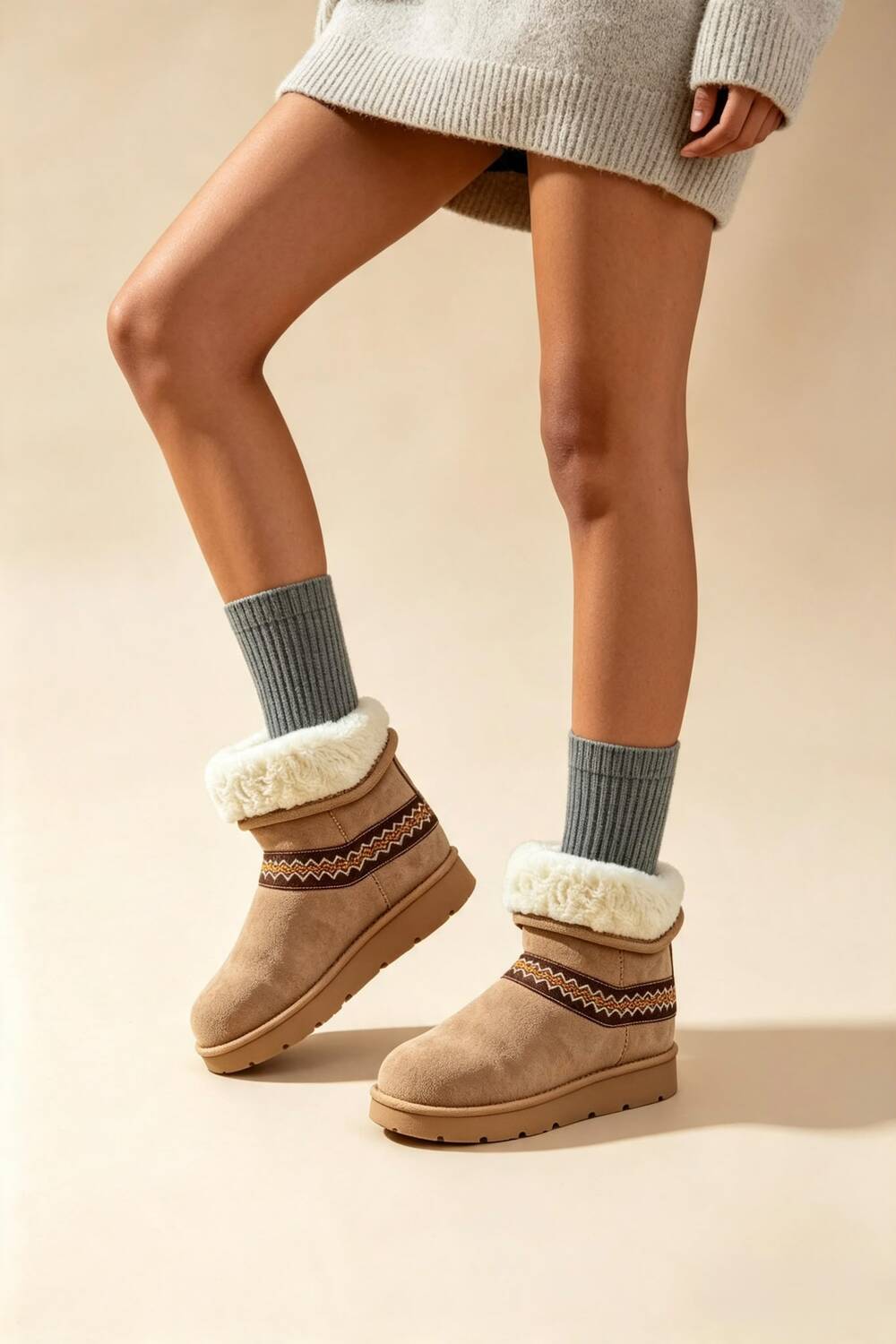 Camel Suede Faux Fur Lined Aztec Detail Ankle Boots