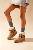 Camel Suede Faux Fur Lined Aztec Detail Ankle Boots