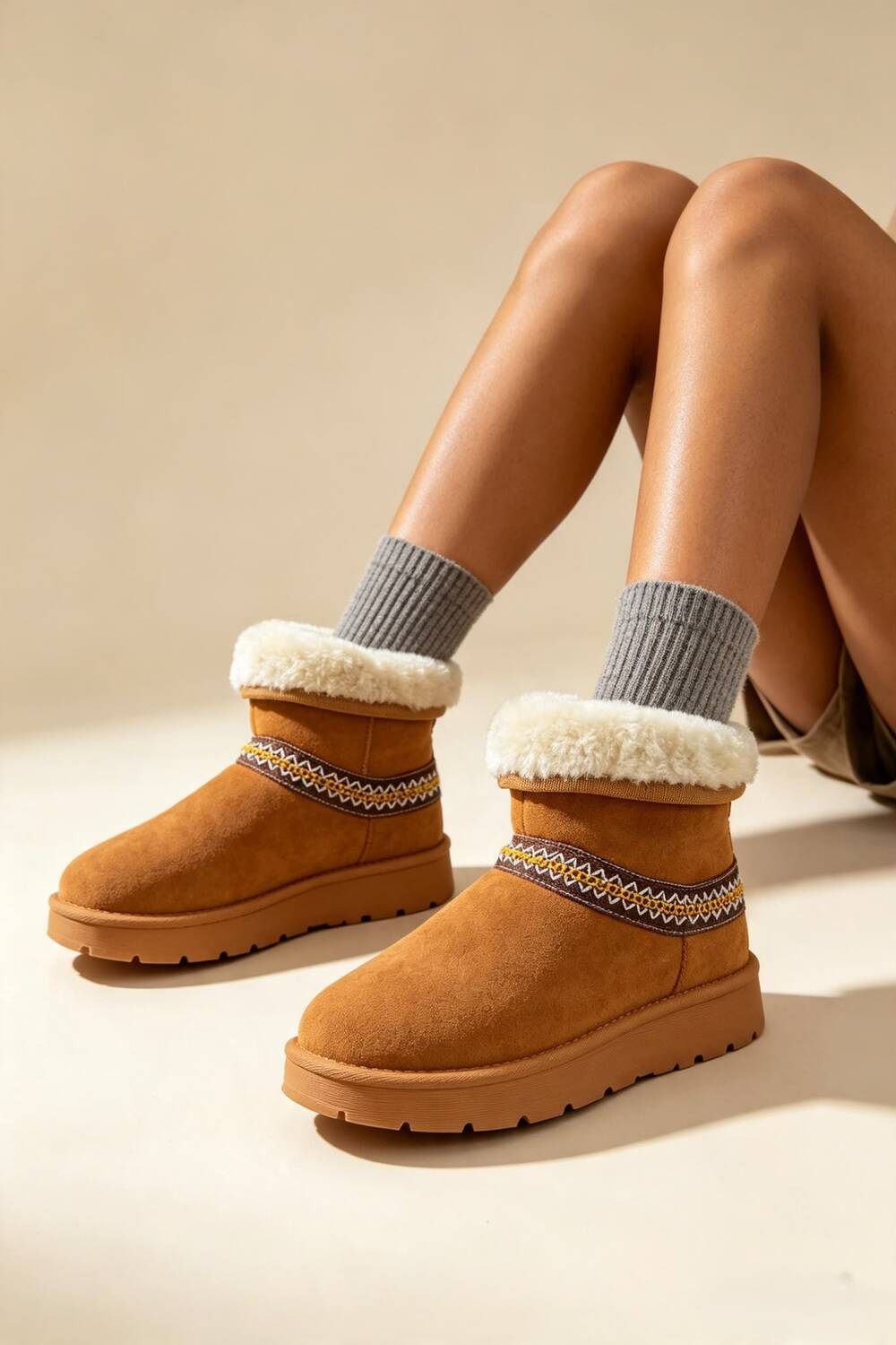 Chestnut Suede Faux Fur Lined Aztec Detail Ankle Boots