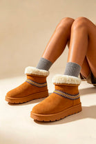 Chestnut Suede Faux Fur Lined Aztec Detail Ankle Boots