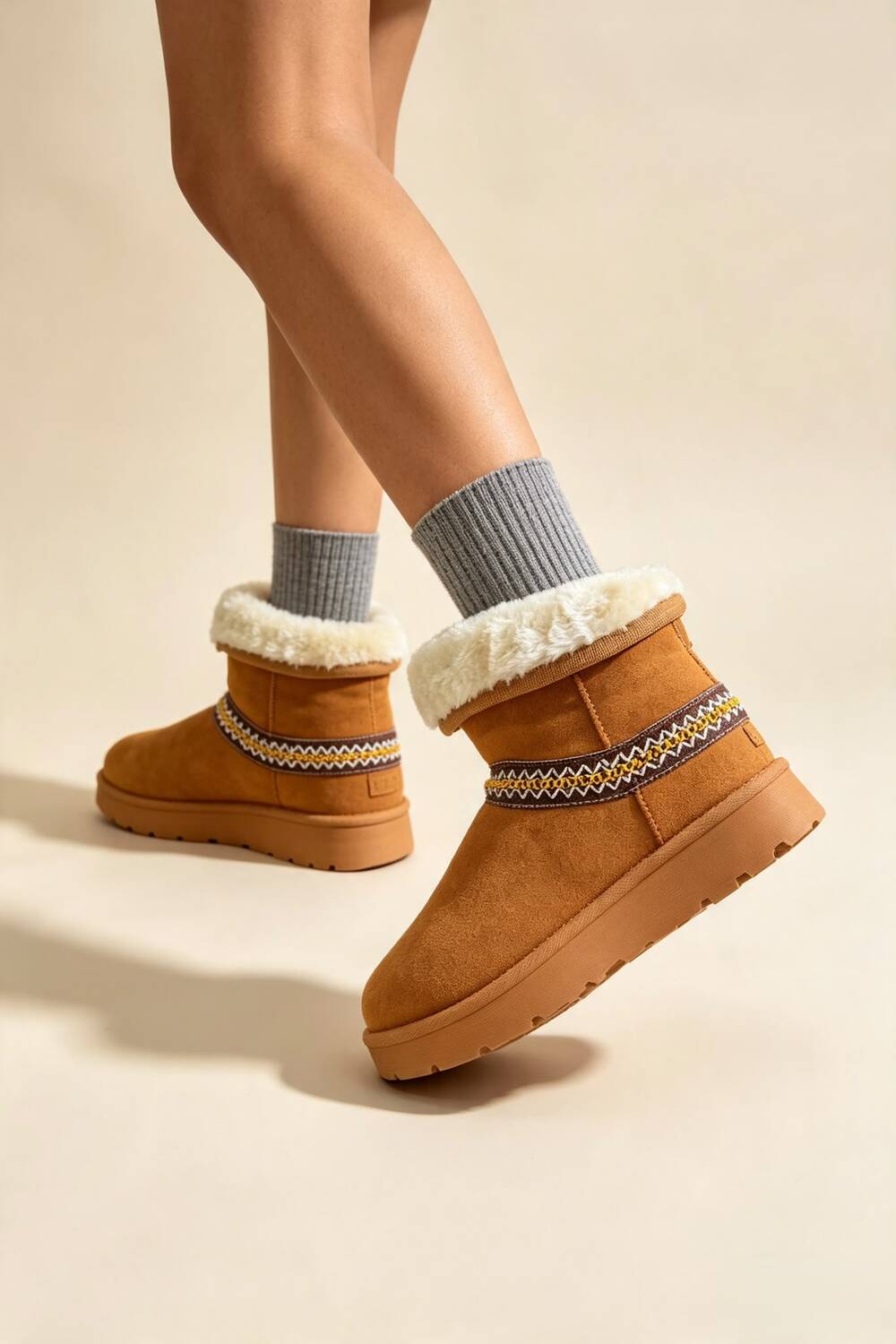 Chestnut Suede Faux Fur Lined Aztec Detail Ankle Boots