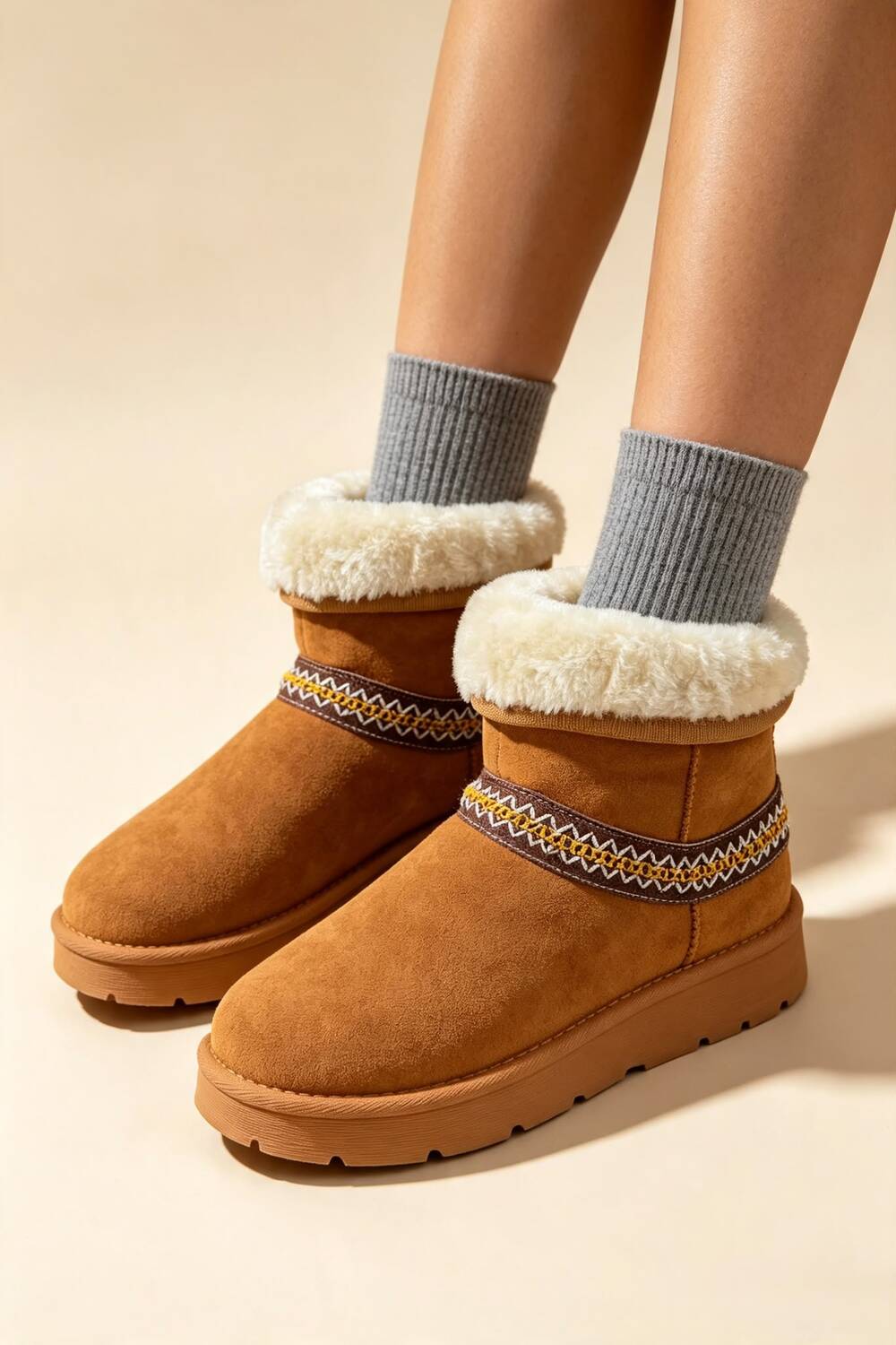 Chestnut Suede Faux Fur Lined Aztec Detail Ankle Boots