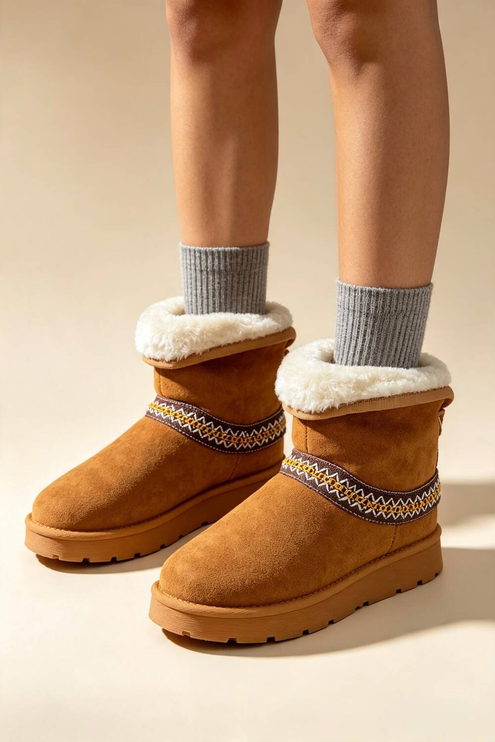 Chestnut Suede Faux Fur Lined Aztec Detail Ankle Boots