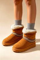 Chestnut Suede Faux Fur Lined Aztec Detail Ankle Boots