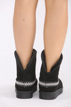 BLACK FOLD OVER EMBROIDED AZTEC DETAIL FULLY FUR LINED BOOT