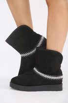 BLACK FOLD OVER EMBROIDED AZTEC DETAIL FULLY FUR LINED BOOT