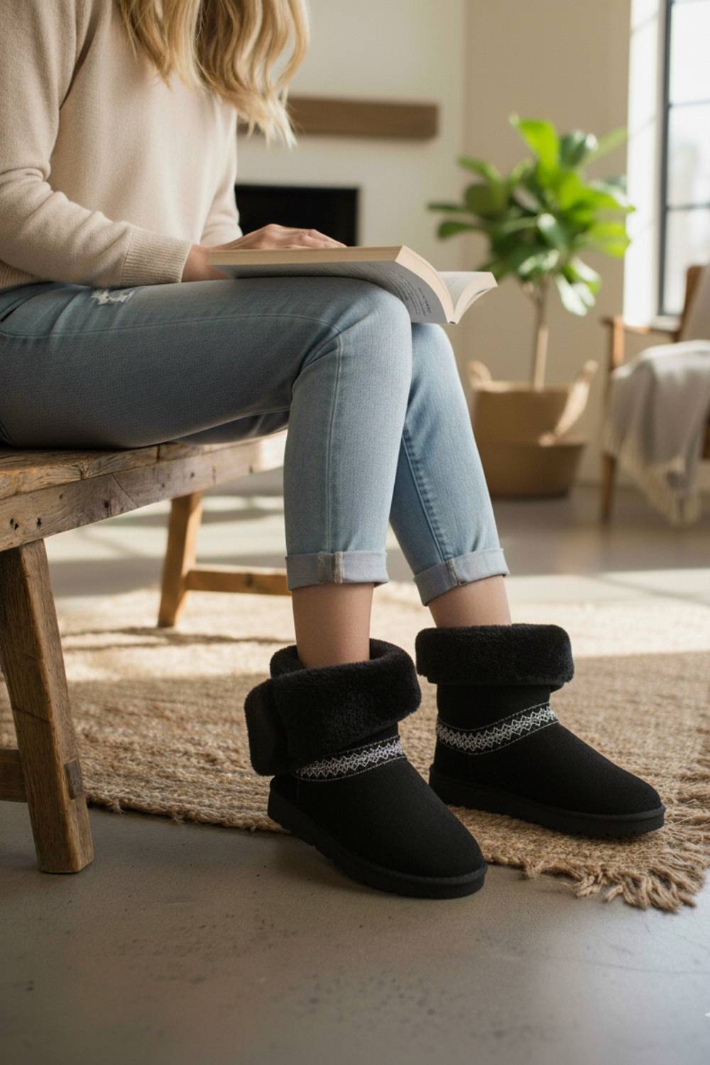 BLACK FOLD OVER EMBROIDED AZTEC DETAIL FULLY FUR LINED BOOT