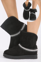 BLACK FOLD OVER EMBROIDED AZTEC DETAIL FULLY FUR LINED BOOT