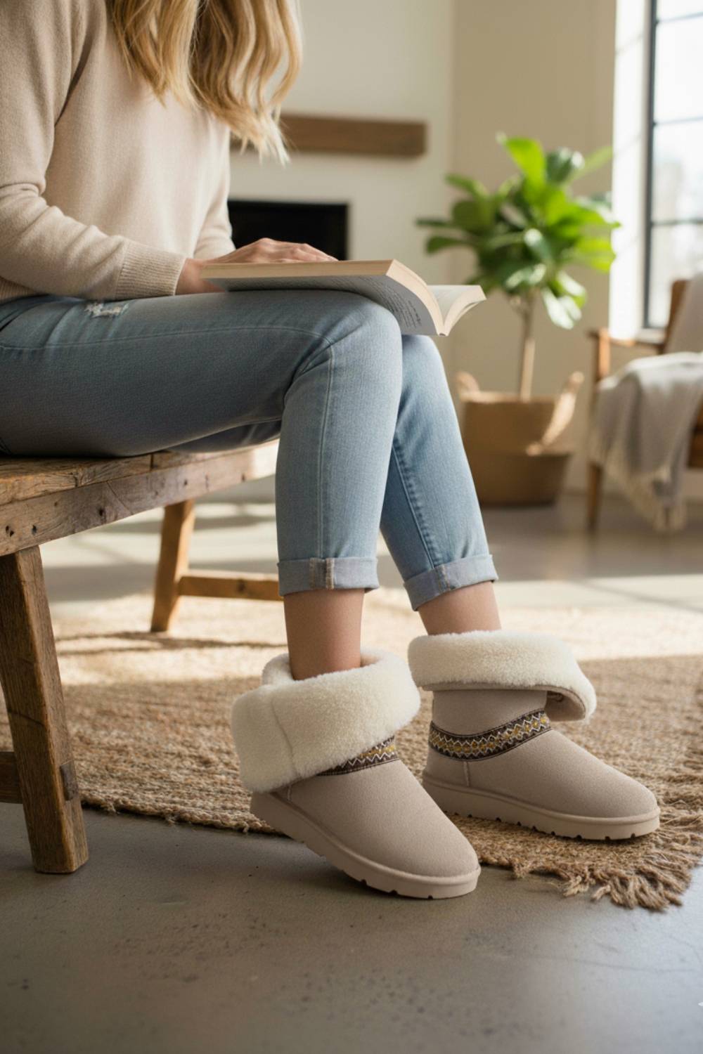 CAMEL FOLD OVER EMBROIDED AZTEC DETAIL FULLY FUR LINED BOOT