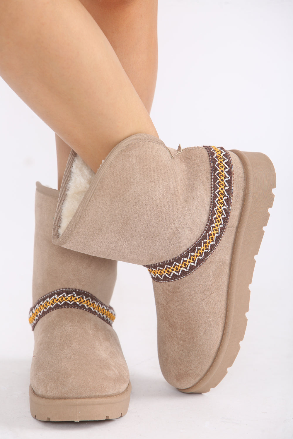 CAMEL FOLD OVER EMBROIDED AZTEC DETAIL FULLY FUR LINED BOOT