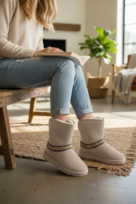 CAMEL FOLD OVER EMBROIDED AZTEC DETAIL FULLY FUR LINED BOOT