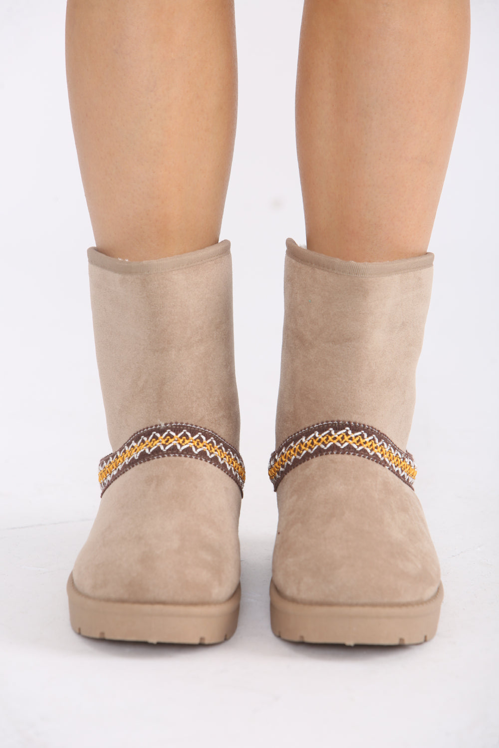 CAMEL FOLD OVER EMBROIDED AZTEC DETAIL FULLY FUR LINED BOOT