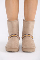 CAMEL FOLD OVER EMBROIDED AZTEC DETAIL FULLY FUR LINED BOOT