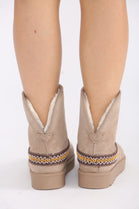 CAMEL FOLD OVER EMBROIDED AZTEC DETAIL FULLY FUR LINED BOOT