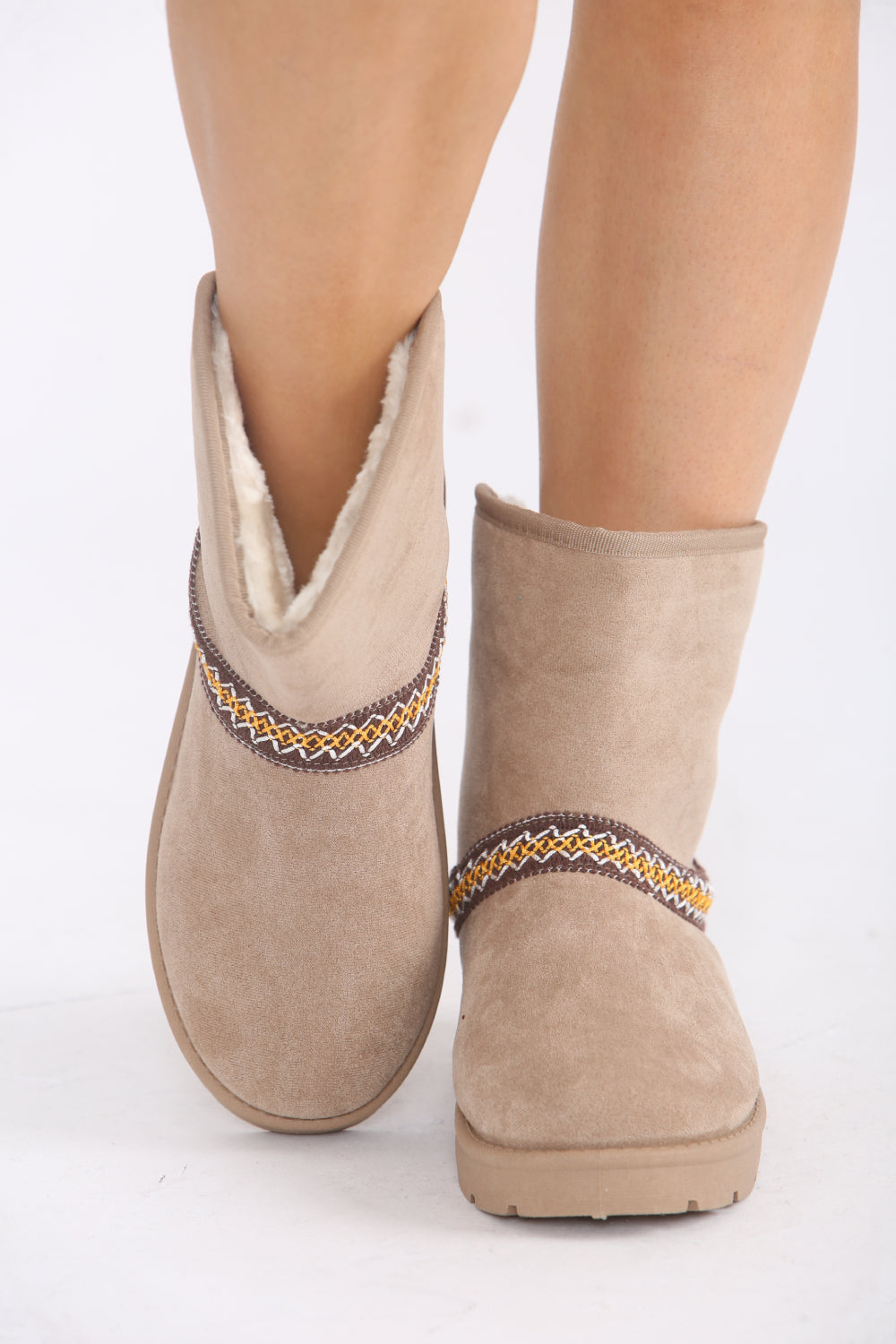 CAMEL FOLD OVER EMBROIDED AZTEC DETAIL FULLY FUR LINED BOOT