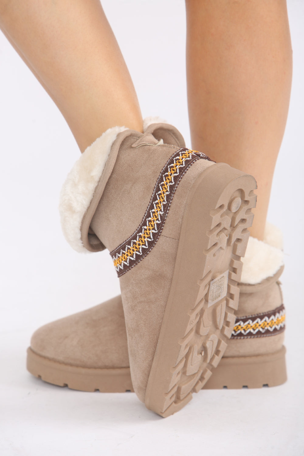 CAMEL FOLD OVER EMBROIDED AZTEC DETAIL FULLY FUR LINED BOOT