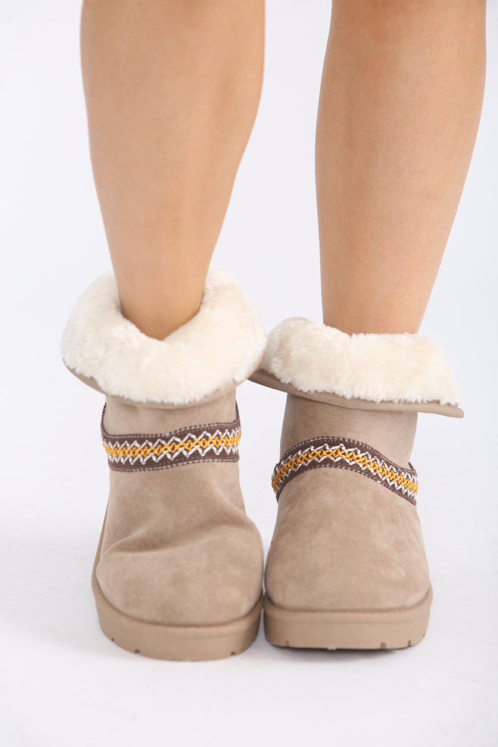 CAMEL FOLD OVER EMBROIDED AZTEC DETAIL FULLY FUR LINED BOOT