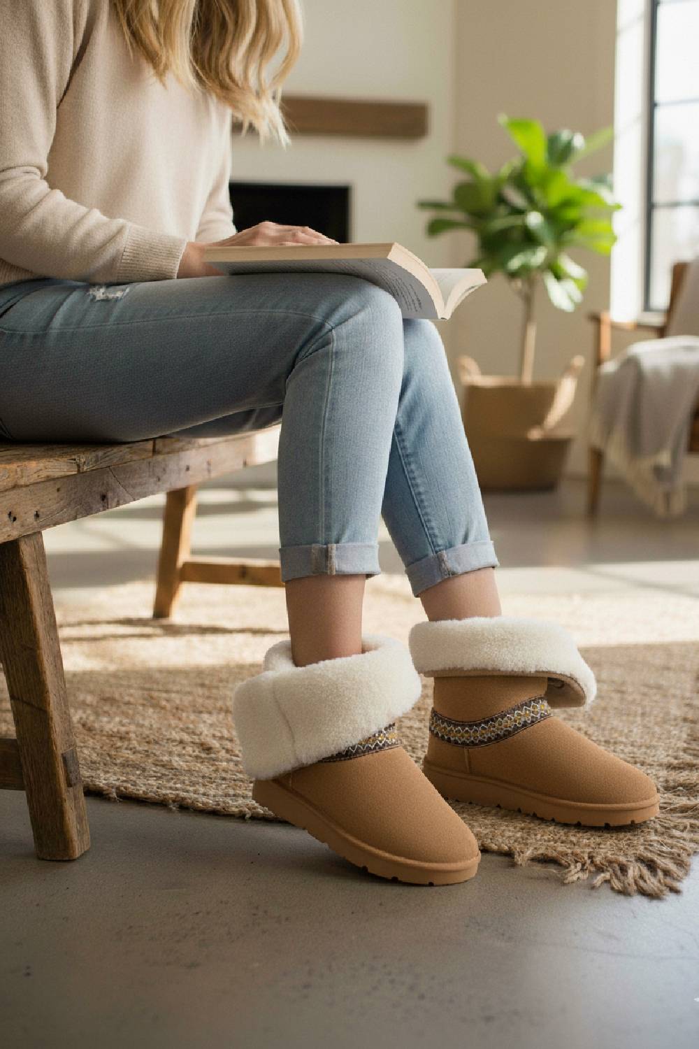 CHESTNUT FOLD OVER EMBROIDED AZTEC DETAIL FULLY FUR LINED BOOT