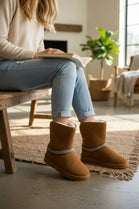 CHESTNUT FOLD OVER EMBROIDED AZTEC DETAIL FULLY FUR LINED BOOT