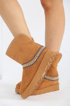 CHESTNUT FOLD OVER EMBROIDED AZTEC DETAIL FULLY FUR LINED BOOT