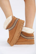 CHESTNUT FOLD OVER EMBROIDED AZTEC DETAIL FULLY FUR LINED BOOT