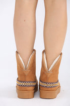 CHESTNUT FOLD OVER EMBROIDED AZTEC DETAIL FULLY FUR LINED BOOT