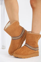 CHESTNUT FOLD OVER EMBROIDED AZTEC DETAIL FULLY FUR LINED BOOT