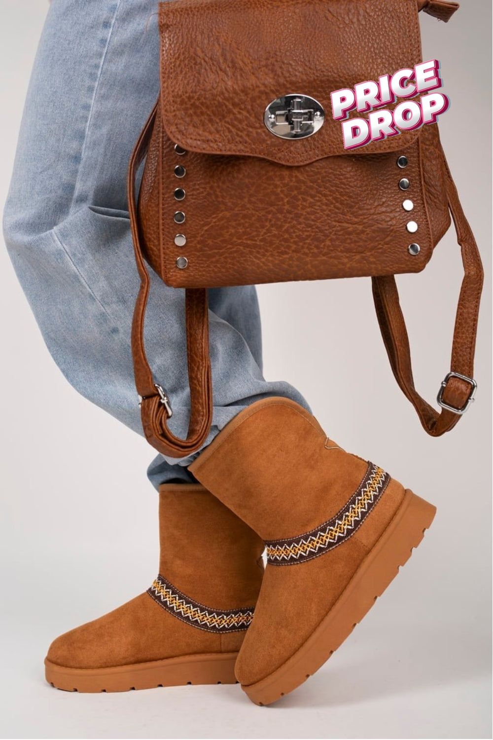 CHESTNUT FOLD OVER EMBROIDED AZTEC DETAIL FULLY FUR LINED BOOT