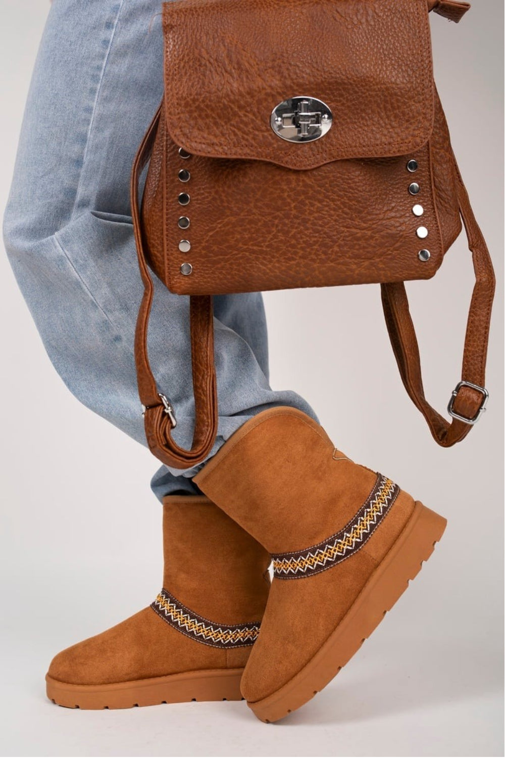 CHESTNUT FOLD OVER EMBROIDED AZTEC DETAIL FULLY FUR LINED BOOT