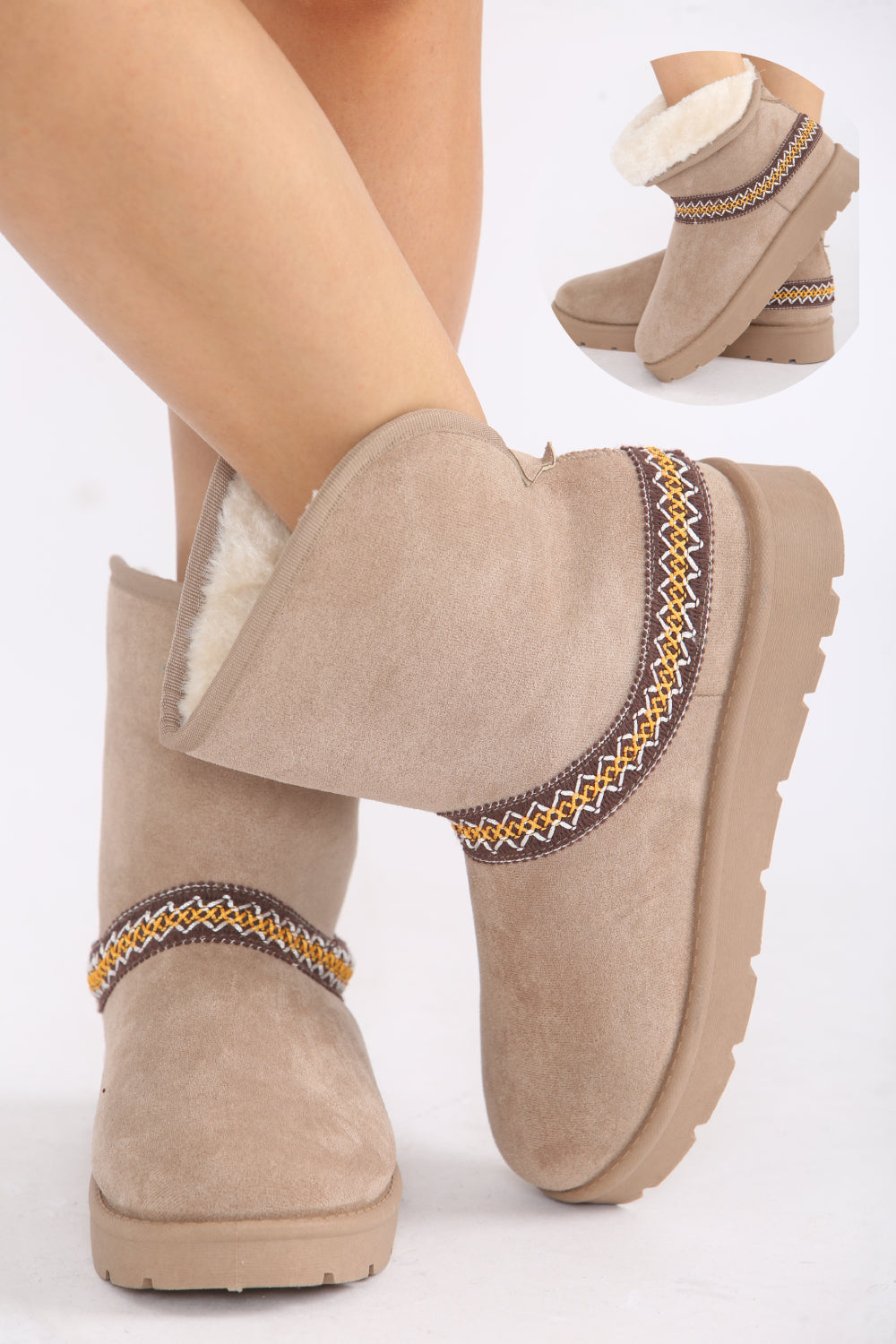 CAMEL FOLD OVER EMBROIDED AZTEC DETAIL FULLY FUR LINED BOOT