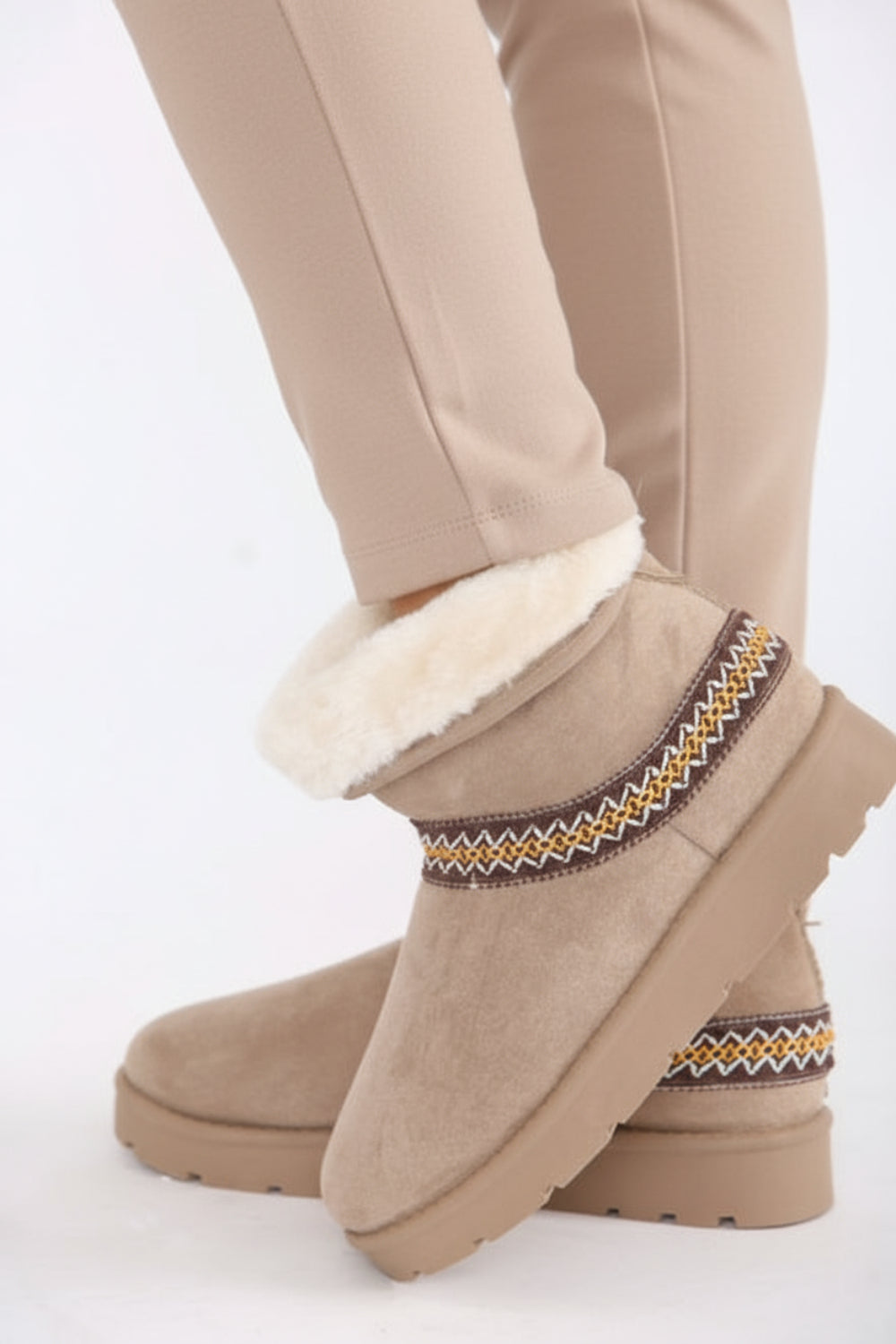 CAMEL FOLD OVER EMBROIDED AZTEC DETAIL FULLY FUR LINED BOOT