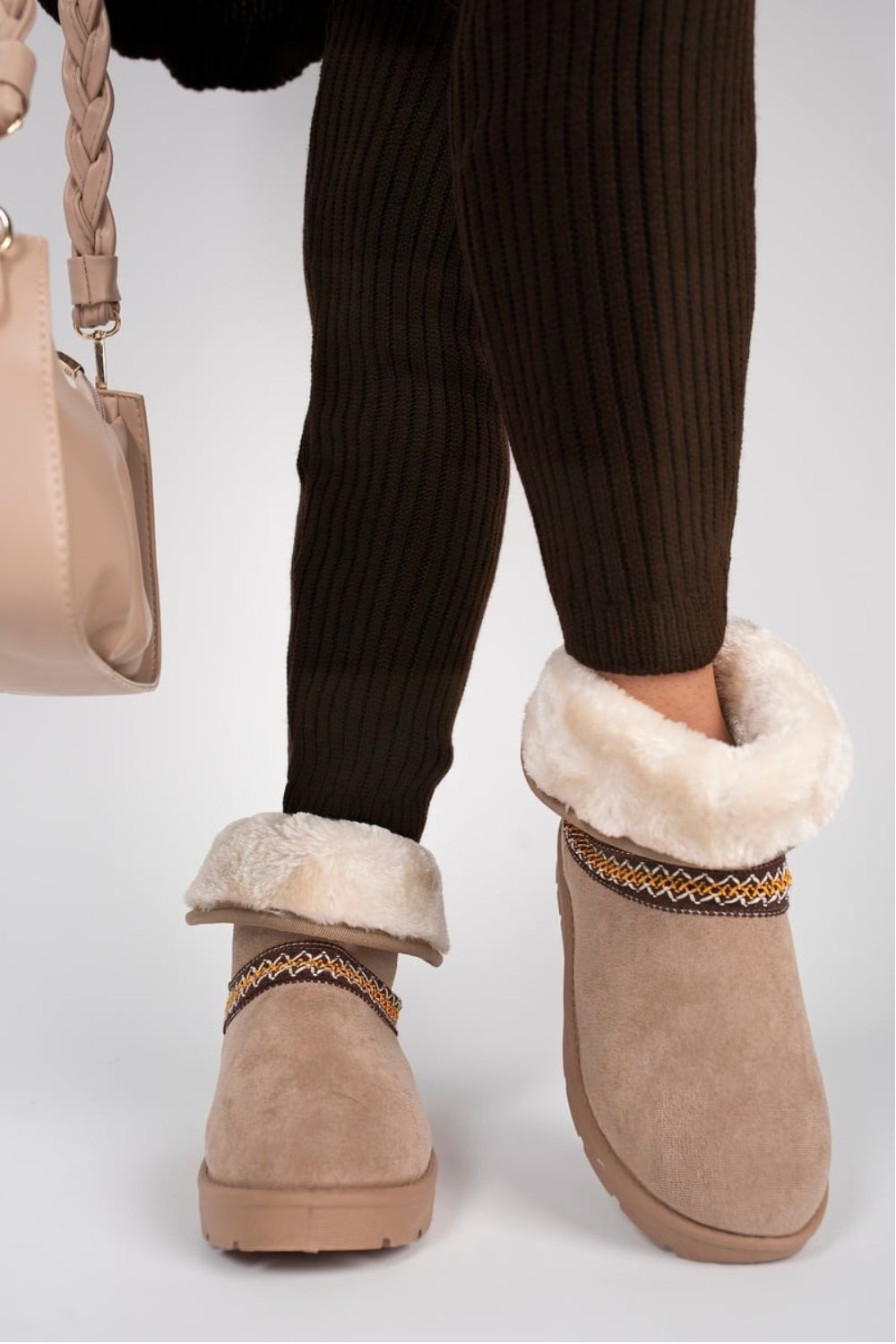 CAMEL FOLD OVER EMBROIDED AZTEC DETAIL FULLY FUR LINED BOOT (PACK A)