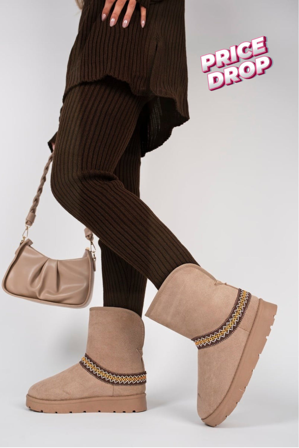 CAMEL FOLD OVER EMBROIDED AZTEC DETAIL FULLY FUR LINED BOOT