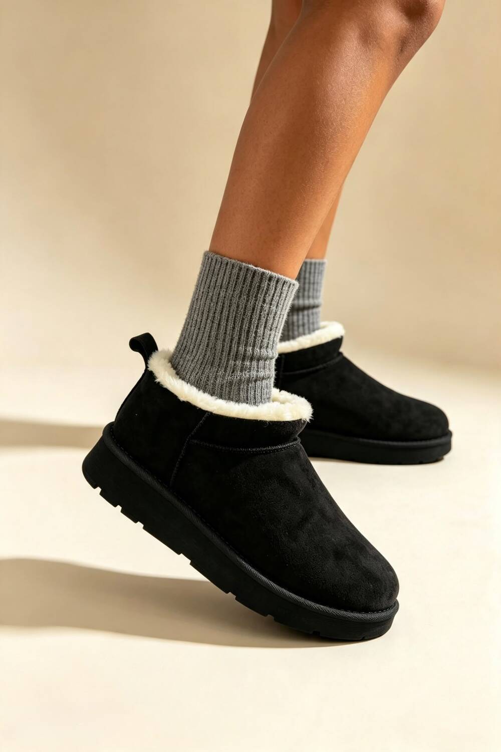 Black Suede Faux Fur Lined low cut Boots