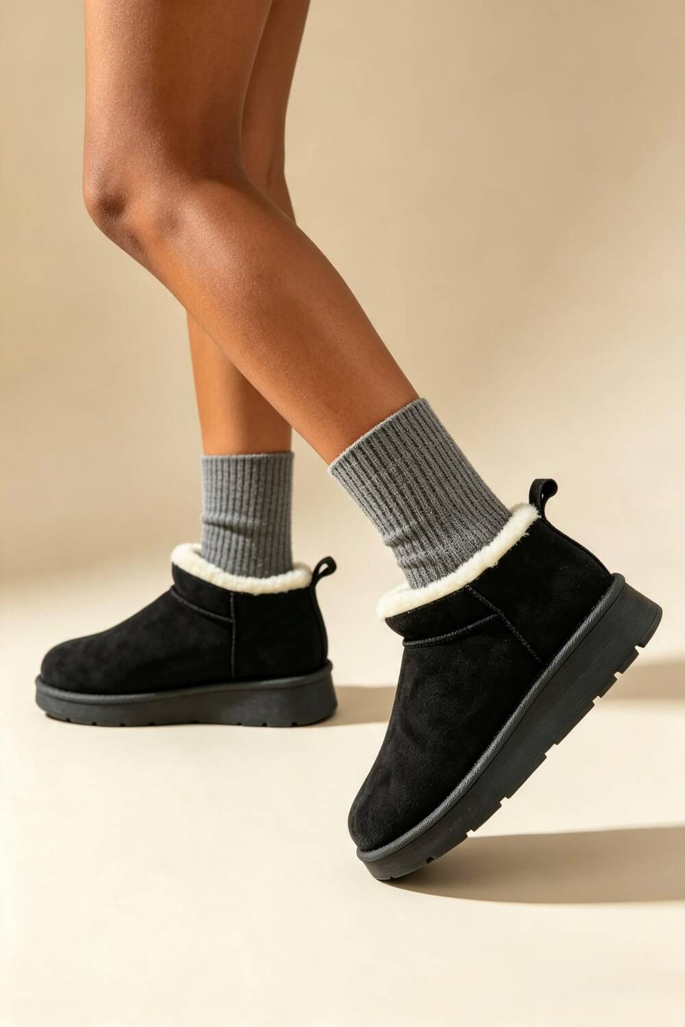 Black Suede Faux Fur Lined low cut Boots