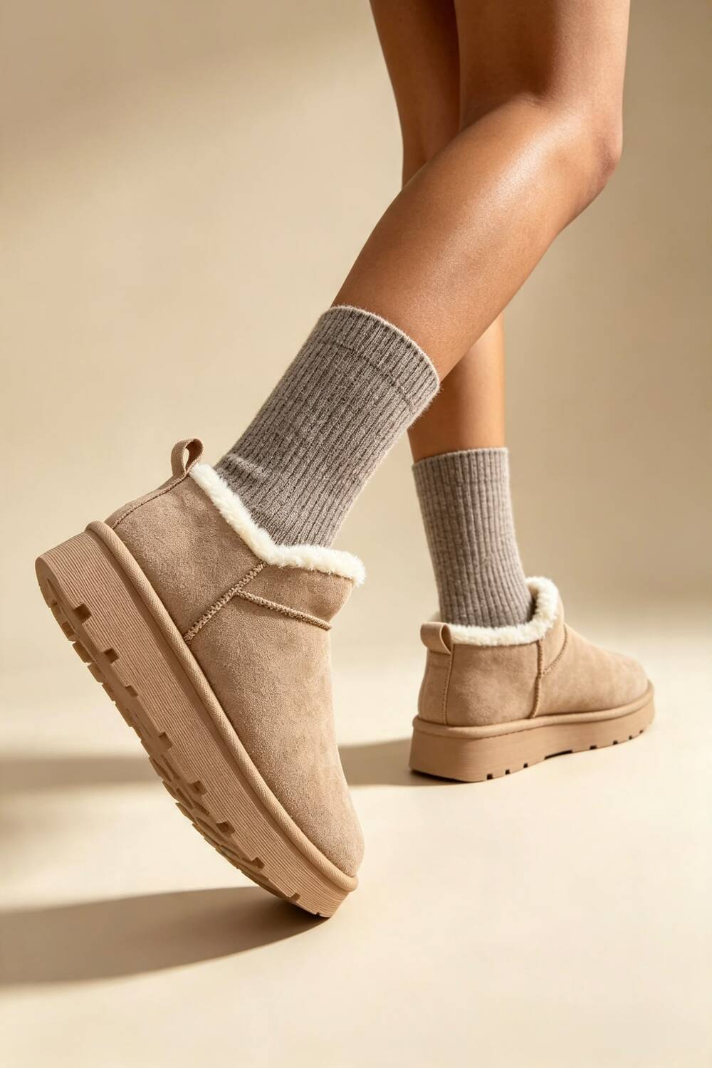 Camel Suede Faux Fur Lined low cut Boots