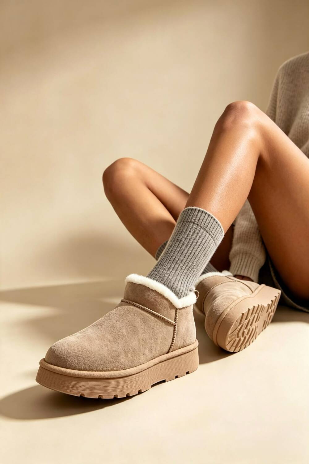 Camel Suede Faux Fur Lined low cut Boots