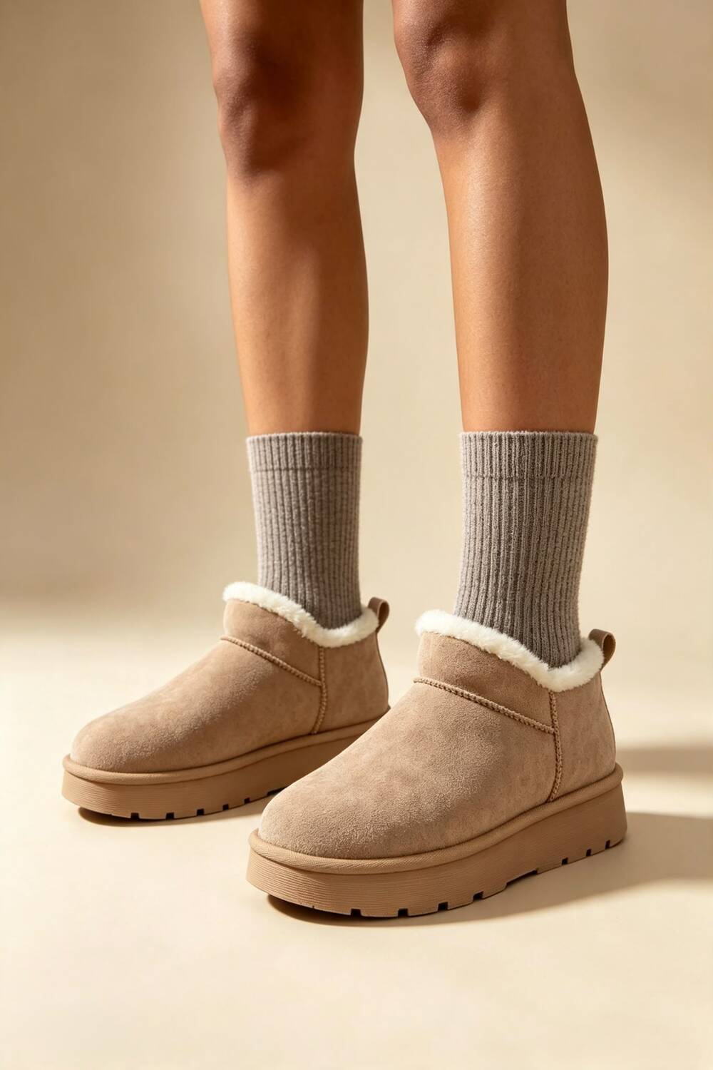 Camel Suede Faux Fur Lined low cut Boots
