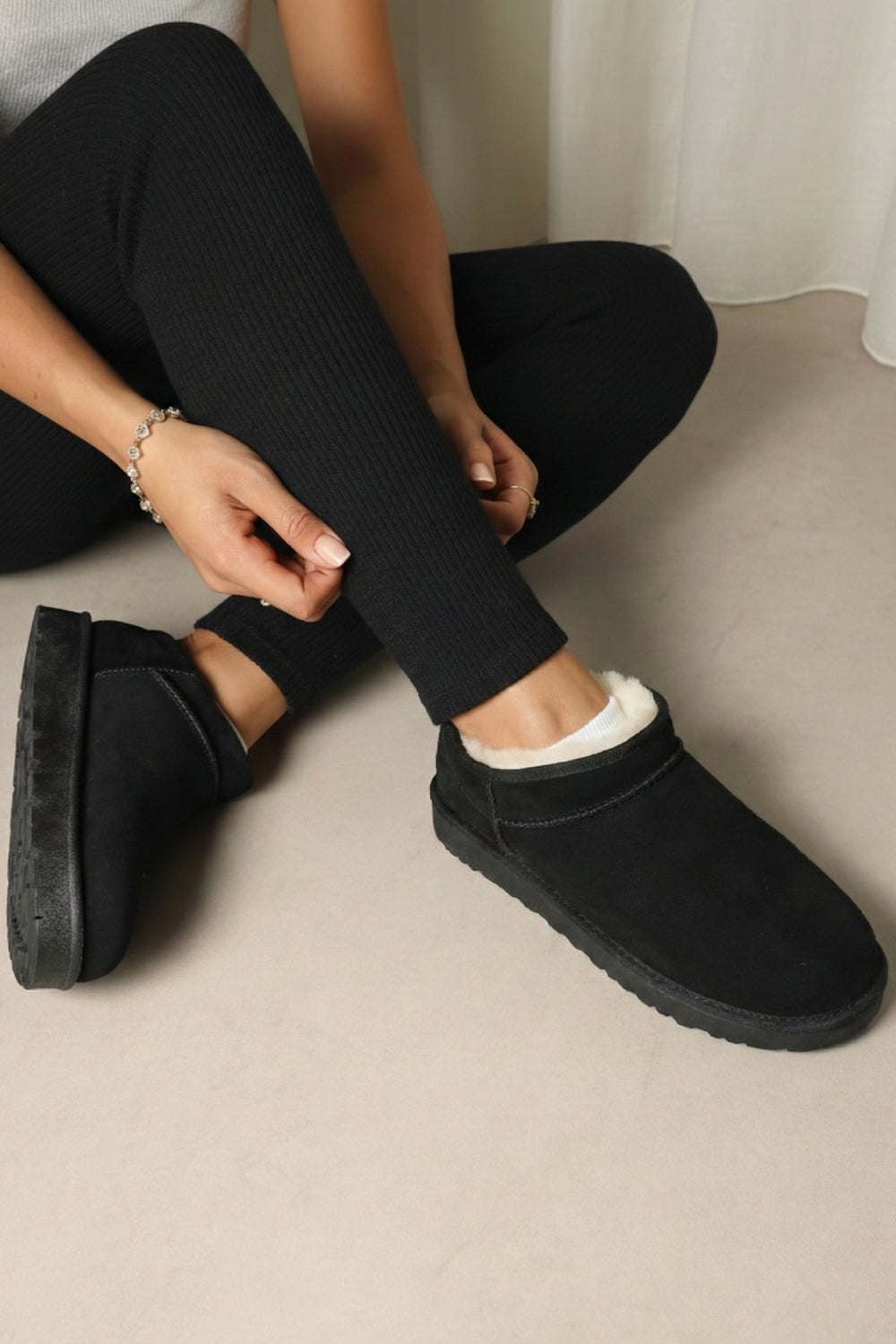 Black Suede Faux Fur Lined low cut Boots