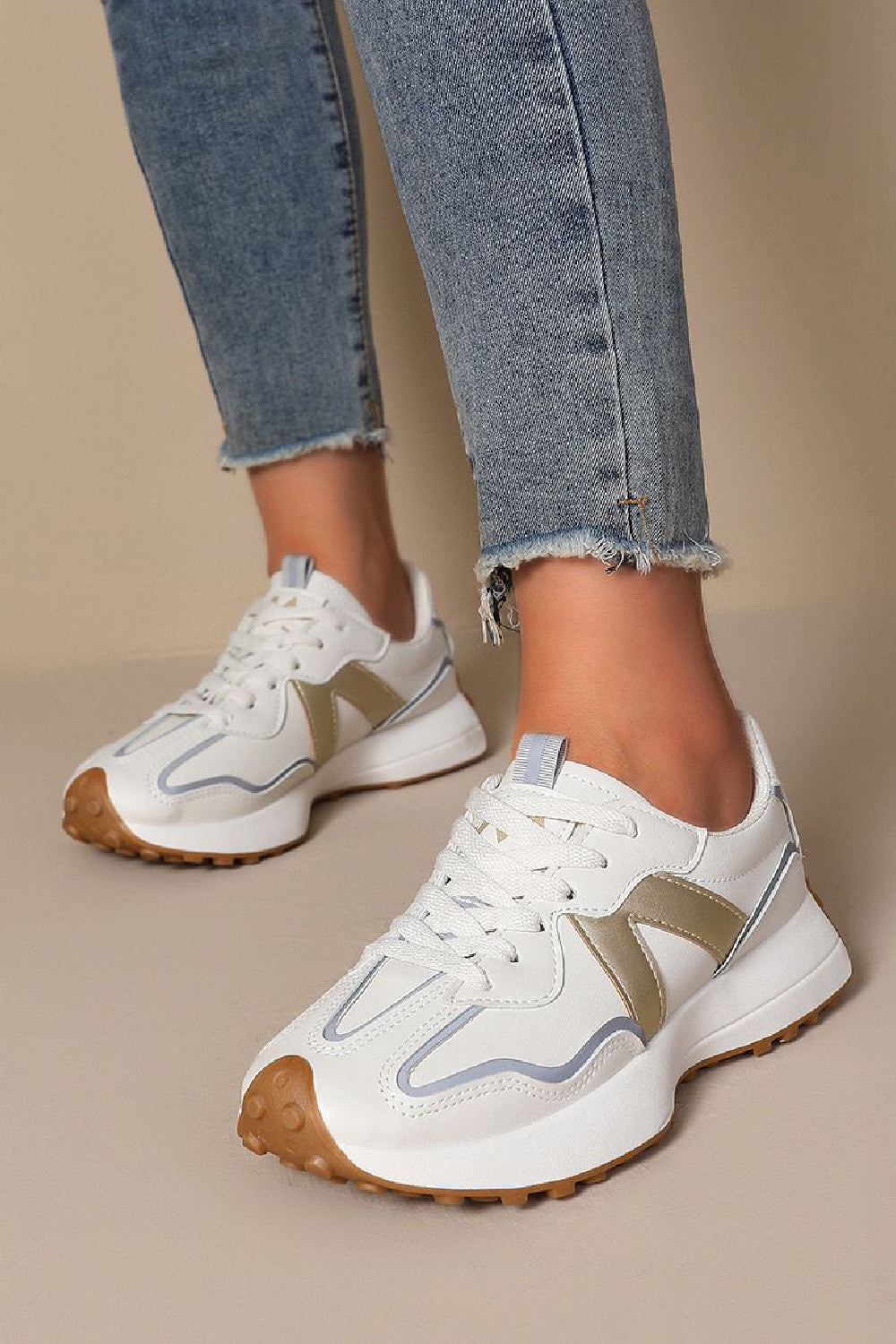 GOLD WHITE LACE UP SIDE DETAIL FASHION DESIGNER TRAINERS