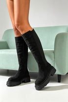 Black Faux Suede Knee High Chunky Calf Stretch Boots