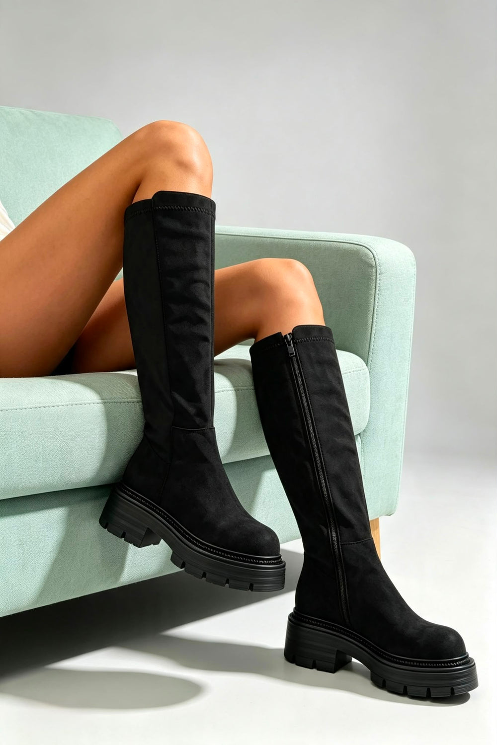 Black Faux Suede Knee High Chunky Calf Stretch Boots