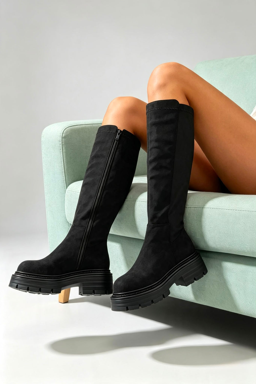 Black Faux Suede Knee High Chunky Calf Stretch Boots