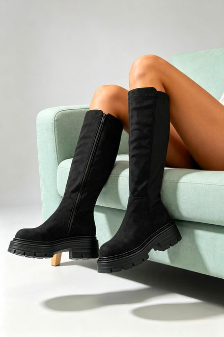 Black Faux Suede Knee High Chunky Calf Stretch Boots